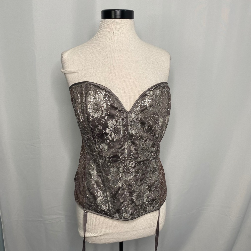 Intimate Attitudes‎ Gray Floral Lace Sequin Corset Top Garter Straps Sweetheart